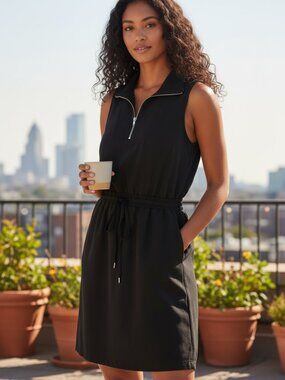 maurice NWT quarter zip sleeveless  drawstring waist  mini black dress size m